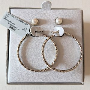 Sterling Silver Hoop Earrings & Faux Pearl Studs Gift Box Jewelry NWT